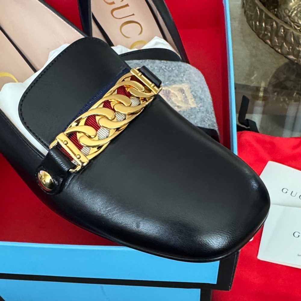 GUCCI Women's Black block heels with Gold Accent EUR 41 US 10
